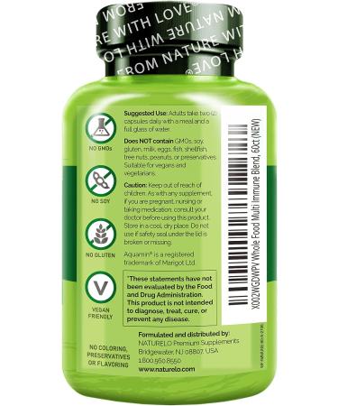 NATURELO Whole Food Multivitamin + Immune Blend - 60 Vegan Capsules with Elderberry, Mushrooms, Vitamin C, D3, Zinc for Extra Immune Support - Buy Online on GoSupps.com