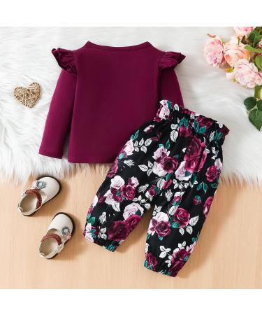 Puseky Toddler Baby Girls Cute Letter Print Shirt and Floral Pant Outfit Set 12-18 Months - Wine Red - Buy Online on GoSupps.com