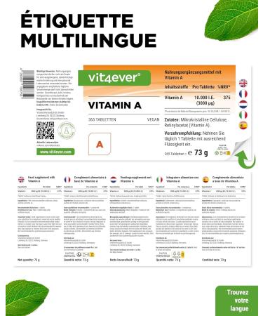 Vitamin A - 10 000 IU (3000 g) - 365 Tablets - Alternative to Capsules - High Dosed Retinyl Acetate - No Additives - Eyes Skin Immune System - Vegan - Buy Online on GoSupps.com