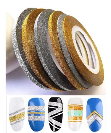 Valuu 6 Rolls Glitter Nail Art Stripping Tape Set - Gold and Silver Shiny Matte Decoration Strips for DIY Nail Tip - 1mm 2mm 3mm Adhesive Decals - Buy Online on GoSupps.com
