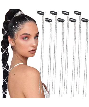 8 Pieces Long Rhinestone Hair Chains Punk Tassel Hair Clips Bling Crystal Hair Extension 20 Inch Head Chain Silver Decorative Hair Clip Hairpin for Women and Girls Nightclub Party Daily Headwear