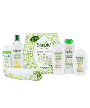 Simple Bath and Body Pamper Moisturising Collection Kind to Skin with a Soft Cotton Body and Face Cloth Gift Set Festive Gifts for Women Piece of 5