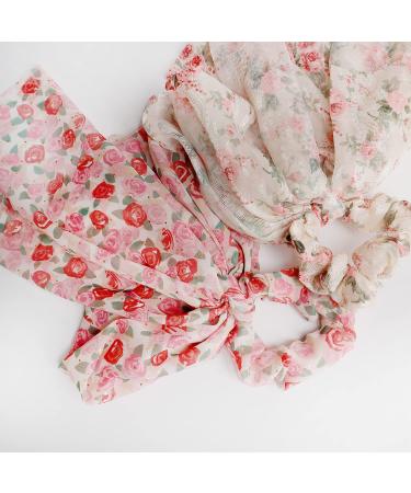 2PCS Floral Hair Scarf with Ribbon Bow for Women and Girls - Silk Long Tails Scrunchy Elastics Ponytail Holder - Buy Online on GoSupps.com