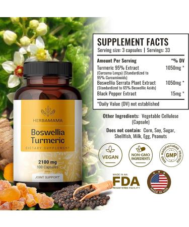 Boswellia Turmeric Capsules | Joint, Digestion & Brain Support | Organic Herb Extract with Black Pepper | Made in USA | Vegan, Gluten-Free, Non-GMO | 100 Capsules - 2100mg - Buy Online on GoSupps.com