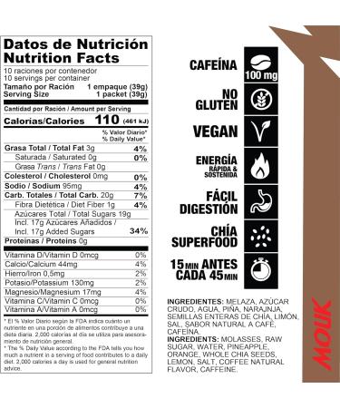 MOUK Coffee Caffeine & Chia Energy Gels - 10 Pack | Natural Ingredients & Essential Electrolytes for Endurance Exercise - Buy Online on GoSupps.com