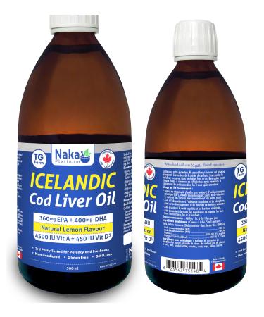 Naka Platinum Icelandic Cod Liver Oil TG form Natural Lemon Flavour Made in Canada (500ml) 500 ml (Pack of 1)