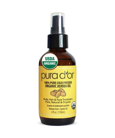 PURA DOR Organic Jojoba Oil (4oz / 118mL) 100% Pure USDA Certified Premium Grade Natural Moisturizer: Cold Pressed, Unrefined, Hexane-Free Base Carrier Oil for DIY Skin Care, Hair, Face & Nails