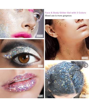 Pamiyo Glitter Gel 3 x 50ml - Face Body Sequins for Hair Lips Nails | White Gold & Silver Mermaid Liquid Eyeshadow for Festive Occasions - Buy Online on GoSupps.com