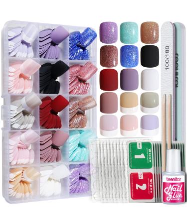 Short Press On Nails  Teenitor 360PCS Short Square Fake Nails Full Cover  12 Sizes Short Square Press On Nails Wide Fit  Glitter Press On Nails  Short French Tips False Nails  Acrylic Matte Press On Short Nails