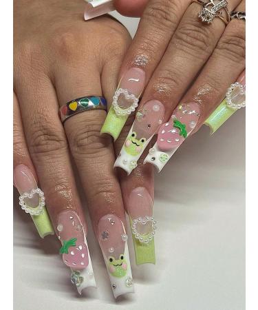 24pcs Heart Green Coffin Fake Nail Strawberry Press on Nails Trendy Frogs Coffin Nails Luxurious Nails Acrylic Nails Fake Nails For Women Girls