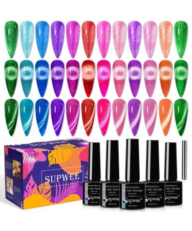 SUPWEE Neon Cat Eye Gel Polish Set with Magnetic  Sparkle Glitter Cateye Nail Polish Gel Holographic Magnetic Gel Polish Long Lasting Soak Off UV Gel for Professional Nail Salon or DIY at Home - Buy Online on GoSupps.com