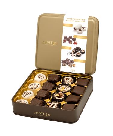 Luxury Assorted Chocolate Turkish Delight Selection in a Gift Tin Box Lokum Dessert Gourmet 300g 16 Pieces Chateau De Mediterranean