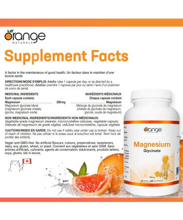 Orange Naturals - Magnesium Glycinate Supplement - 200mg 180 v-caps - For Healthy Bones Teeth Proper Muscle Function Pressure Relief & Promote Sleep Relaxation - Vegan - Highly Absorbable Form - Non GMO 180 count (Pack of 1) 200 mg - Buy Online on GoSupps.com