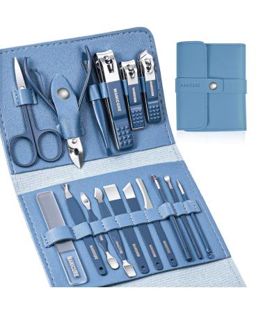Manicure set Sumwitum nail care kit 16 PCS Nail Clippers Pedicure Kit Stainless Steel Professional Tools with Leather For Women/Men/Friends and Parents Gifts (Blue)