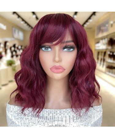 SOKU Bob Wavy Wig with Bangs Burgundy 14 Inch Natural Wave Hair Dark Wine Curly Wig for Women Daily Wearing Heat Friendly Synthetic Fiber Natural Looking Burgundy-14inch