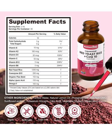 KumuoKeol Liposomal Red Yeast Rice with CoQ10 Liquid Drops 1200mg Red Rice Yeast Extract for Cholesterol Supplement with Omega-3 & Vitamins for Antioxidant Heart Health Vegan 2 FL OZ - Buy Online on GoSupps.com