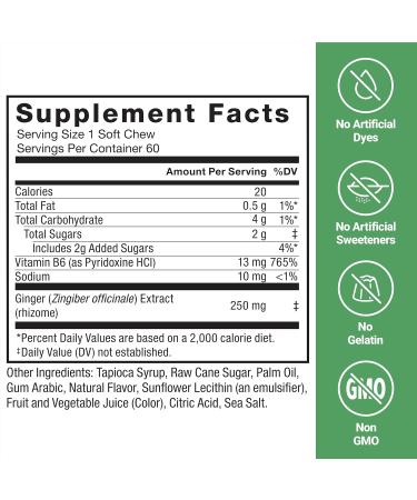 Force Factor Gentle Ginger Chews for Nausea Relief, Motion Sickness, and Morning Sickness, Ginger Supplement with Vitamin B6 for Digestive Support, Non-GMO, Honey-Lemon Ginger Flavor, 60 Soft Chews - Buy Online on GoSupps.com