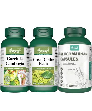VORST Garcinia Cambogia 60 Capsules and Green Coffee Bean 90 Capsules and Glucomannan 180 Vegan Capsules | Weight Managenent Supplements | (Combo Bundles 3 Bottles)