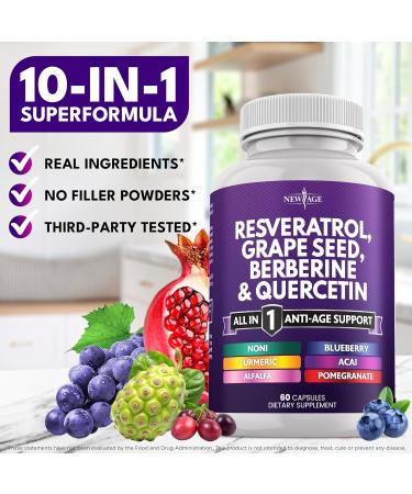 NEW AGE Resveratrol Berberine Grape Seed Extract Quercetin Supplement for Women and Men with Noni N-Acetyl Cysteine Acai - 120 Capsules 120 Count (Pack of 1) - Buy Online on GoSupps.com