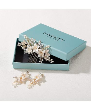 SWEETV Handmade Gold Wedding Hair Comb and Bridal Earrings Set - Elegant Accessories for Brides - Buy Online on GoSupps.com
