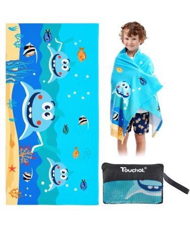 Touchat Beach Towel for Kids, Super Absorbent Quick Dry Microfiber Beach Towel 24''x 48'', 300GSM Thick Soft Sand Free Cute Shark Beach Pool Swim Bath Travel Picnic Camping Towel for Boys Girls