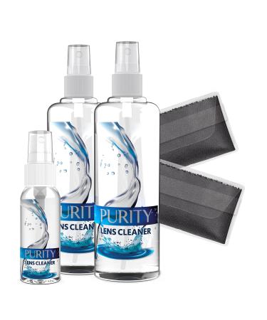 Purity Eyeglass Lens Cleaner Kit - 2 x 8oz and 1 x 2oz Lens Cleaner Spray Bottle + 2 Microfiber Cleaning Cloths - Safe for All Lenses (AR Coated Included), Eyeglasses and Screens - Clear