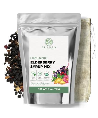 Elanen Naturals Organic Elderberry Syrup Kit, Makes up to 24 oz, Includes Natural Cotton Brew Bag, USDA Certified Organic Dried Elderberries and Immune Support Herbs, Bulk Kit, 4 oz. (113g)