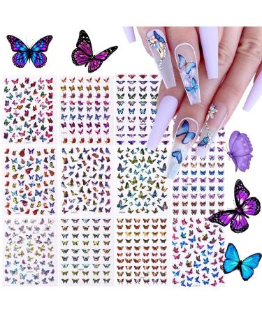 TOROKOM 12 Sheets Butterfly Nail Art Stickers Decals 3D Self-Adhesive Nail Decals Butterfly Designs Nails Supplies Butterfly Stickers for DIY Colorful Laser Butterflies Nails Manicure Decor