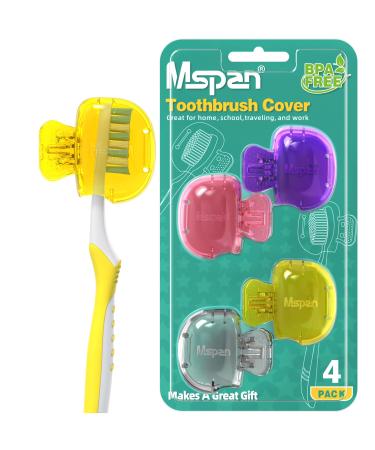 Mspan Toothbrush Head Cover Cap: Tooth Brush Protector Clip Compatible with Oral-B Philips Colgate AquaSonic - Plastic Pod Travel Case - 4 Packs Yellow, Purple, Pink, Clear
