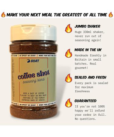 Coffee Shot Seasoning Blend & Rub - perfect for beef steak or red meat. Extra-large 225g Shaker. A stunning shot of coffee flavour. An epic seasoning blend. - Buy Online on GoSupps.com