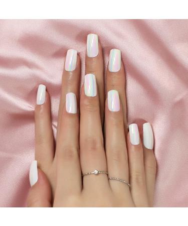 Aurora Medium Square Press-On Nails - Holographic Acrylic Full Cover Fake Nails for Weddings & Daily Wear - 24pcs Kit - Buy Online on GoSupps.com