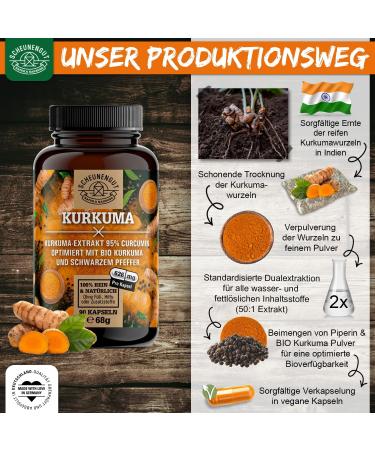 Kurkuma Kapseln 50:1 Extrakt - 15800mg Curcuma pro St ck | 95% Curcumin + Bio Kurkuma Pulver mit Piperin | Laborgepr ft - 90 Kapseln - de-scheunengut  - Buy Online on GoSupps.com