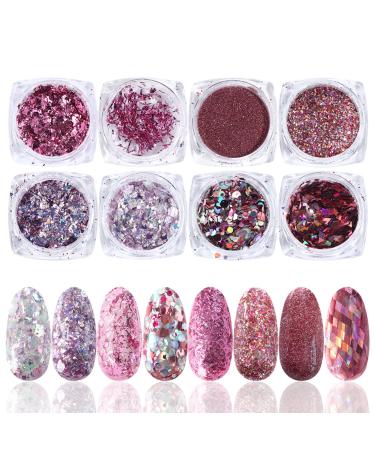 Gzmayuen 16Pcs Holographic Nail Glitter Powder Set - Chunky Sequin Flakes for Stunning Nail Art - Pink Violet Red - Buy Online on GoSupps.com
