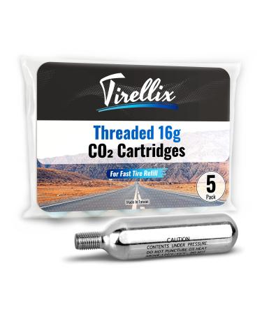 Tirellix 16g Threaded CO2 Cartridges - CO2 Cartridges for Bike Tire Inflator and C02 Pump, 16 Gram CO 2 Cartridge, Fast Air Refill for Bicycle, MTB, 3/8-24 TPI Neck Fits Standard C0 2 Inflation Tools 5 Pack