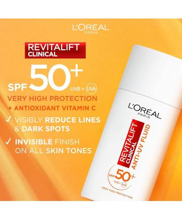 L Or al Paris Revitalift Clinical SPF 50+ Invisible UV Fluid Protect Prevent and Improve Ageing Signs Non-Oily Formula for All Skin Tones Advanced UV Protection and Antioxidant Vitamin C 50ml - Buy Online on GoSupps.com