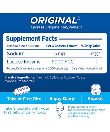 Lactaid Original Strength Lactose Intolerance Relief Caplets 120 ct - Natural Lactase Enzyme Dietary Supplement for Gas, Bloating & Diarrhea Prevention - Buy Online on GoSupps.com