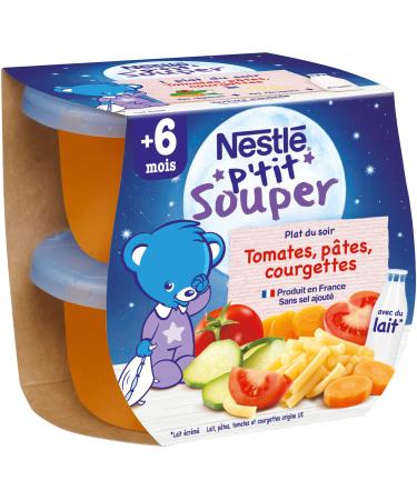 Nestlé Bébé P'tit Supper Tomatoes Pasta Zucchini Vegetable and Starchy Dishes from 6 Months 2 x 200 g Pack of 8 (16 Dishes)
