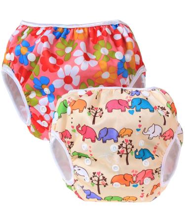 Teamoy 2 baby swimming trunks comfortable washable and adjustable ideal for swimming lessons or holidays Flowers Pink+ Elephants