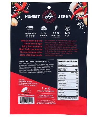Country Archer Grass-Fed Beef Jerky - Zero Sugar Spicy Sesame Garlic 2oz | Healthy Snack - Buy Online on GoSupps.com