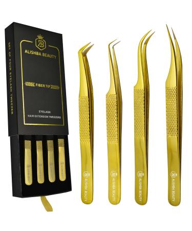 Alishba Beauty Eyelash Extension Tweezers  Precision Fiber Tip Grip Japanese Stainless Steel (Set of 4 Eyelash Tweezer Gold)