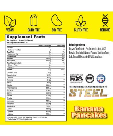 Steel Supplements Veg-PRO Vegan Protein Powder Banana Pancakes - 25 Servings (1.65lbs) | Organic, Gluten Free, Non-Dairy, Low Carb Formula with BCAA Amino Acids - Buy Online on GoSupps.com