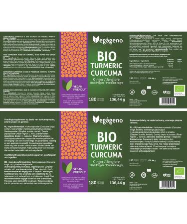 Organic Turmeric 180 Capsules with Ginger and Black Pepper Eco-Friendly High Concentration Maximum Absorbency No Additives Non-GMO Vegan - Buy Online on GoSupps.com