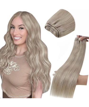 LAAVOO Extensions Real Hair Tress to Insert Blond Remy Hair Extension Real Hair Covers Ashblond Highlight Platinblond Sew In Weft Hair Extensions Real Hair Glatt 80g #P19/60 35cm 1.34 #19/60