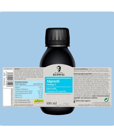 Dr.Budwig Omega 3 Algae Oil Vegan (100ml) | High DHA EPA Vitamin D3 & K2 | Premium Omega 3 for Kids & Adults | International Shipping Available - Buy Online on GoSupps.com