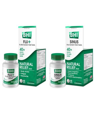 MediNatura BHI Cold, Flu, and Sinus Relief Bundle BHI Cold +Flu Multi-Symptom Relief Tablets (100) + BHI Sinus Natural Congestion Relief Tablets (100)