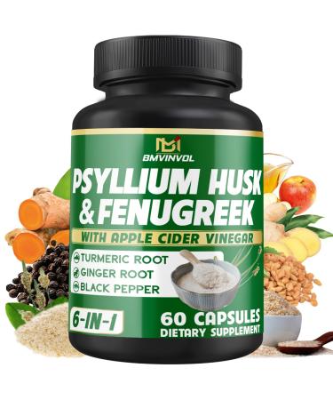 BMVINVOL Psyllium Husk Fiber Supplement t with Fenugreek Apple Cider Vinegar Turmeric Ginger Black Pepper- Digestion Health Support - 60 Capsules 60 Count (Pack of 1)