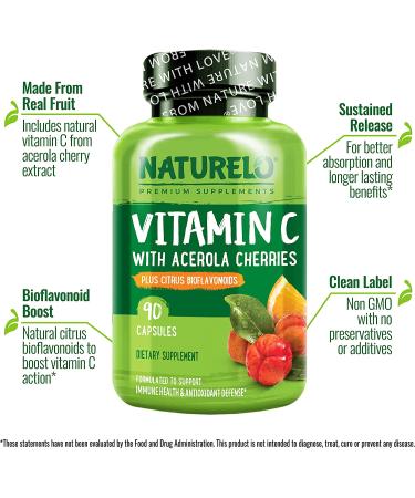 NATURELO Vitamin C with Organic Acerola Cherry and Natural Citrus Bioflavonoids - 90 Capsules - Buy Online on GoSupps.com