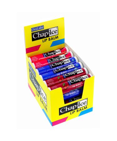 Chap-Ice  | Premium and Traditional Lip Balm for Chapped  Dry  or Windburned Lips | 3 Flavor Assorted Display - Cherry SPF-4  Moisture SPF-15  Watermelon - 24 Sticks (0.15oz/4.25g)