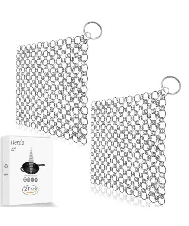 2Pack Cast Iron Cleaner Stainless Steel Chain Mail Scrubber Iron Skillet Scrub Brush for Pan Pot Chain Scrubber Cleaning Dutch Ovens Carbon Steel Wok Grill Pan Chain Mail to Clean Castiron by Herda 4 Inch (Pack of 2)