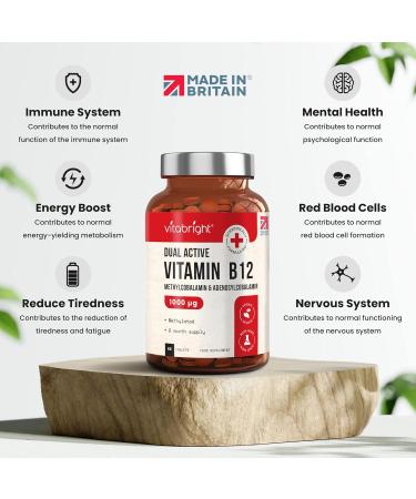 VitaBright Vitamin B12 Tablets 1000mcg - Dual Active Methylcobalamin & Adenosylcobalamin - 60 Vegan Tablets - Immune System & Energy Support - Made in UK - Buy Online on GoSupps.com